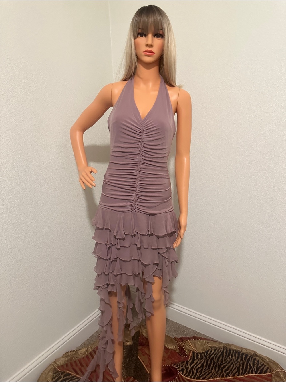 BCBG MAX AZARA Mauve Halter Ruffle High-Low Dress front ruching tie at neck FUN
